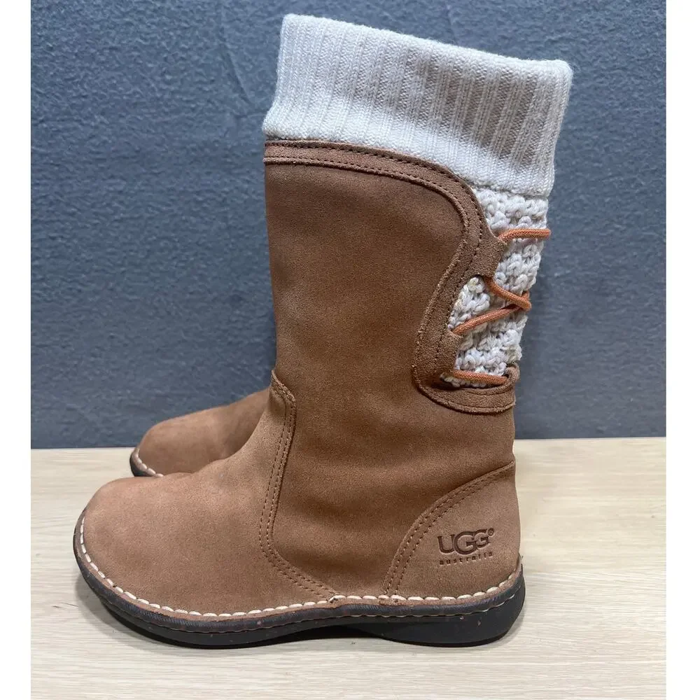 UGG Skylair Brown Leather/Knit Wedge Shearling Kids Size 3 Boots S/N 1973